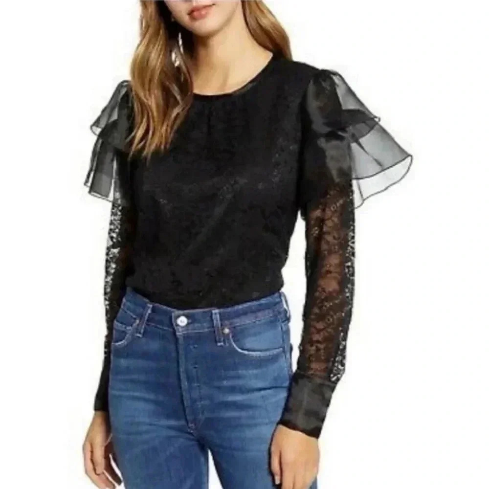 Rachel Parcell ruffle shoulder lace blouse size Medium New Black